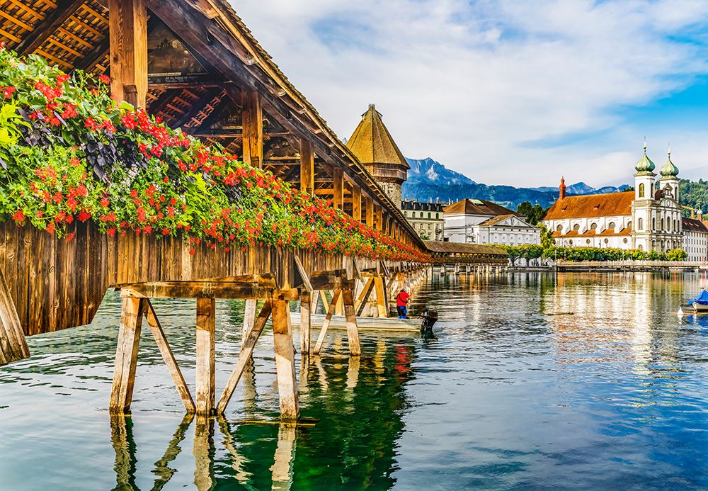 Kapellbrucke Jesuit Church reflection-Lucerne-Switzerland. Built in 1365